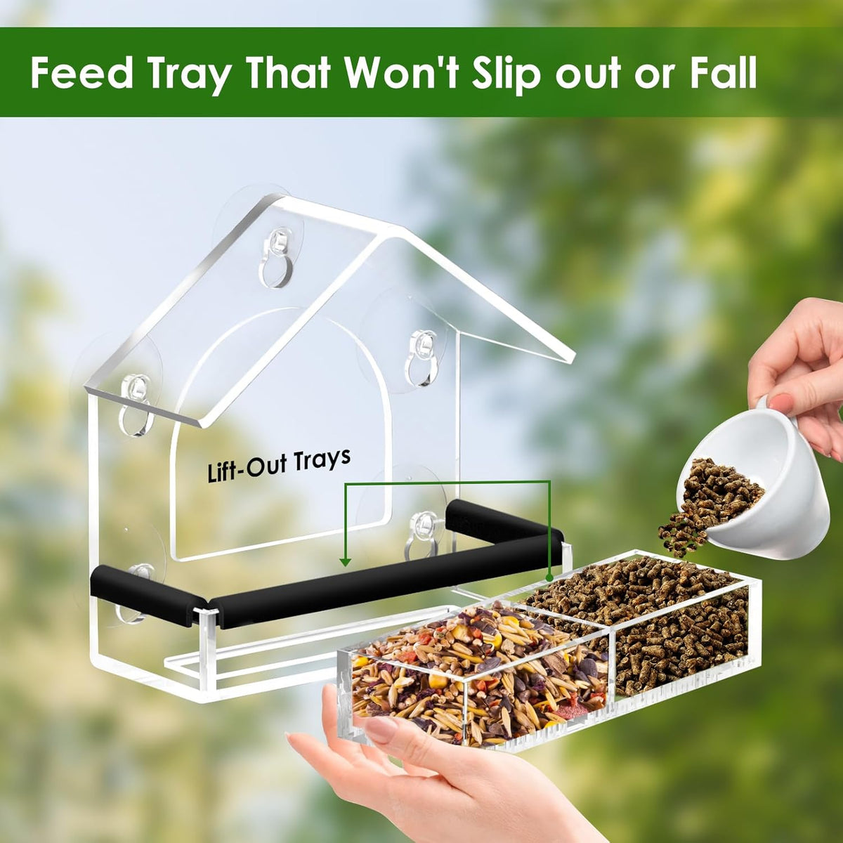Clear Window Bird Feeder with 5 Extra Strong Suction Cups,  Sturdy and Durable Acrylic Birdfeeders for Viewing Wild Birds Outside, as a Bird Watching Gift, Outdoor Birdhouse Box, Garden Decor