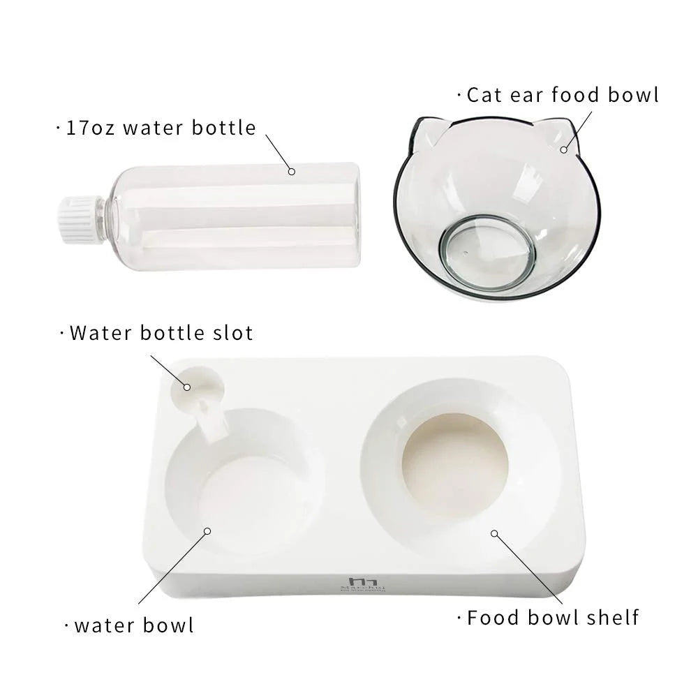 Tilted Raised Cat Food Bowl and Gravity Water Bottle, Elevated Cat Dish with Non-Slip Feeding Mat for Cats Kitten