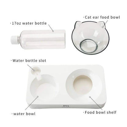 Tilted Raised Cat Food Bowl and Gravity Water Bottle, Elevated Cat Dish with Non-Slip Feeding Mat for Cats Kitten
