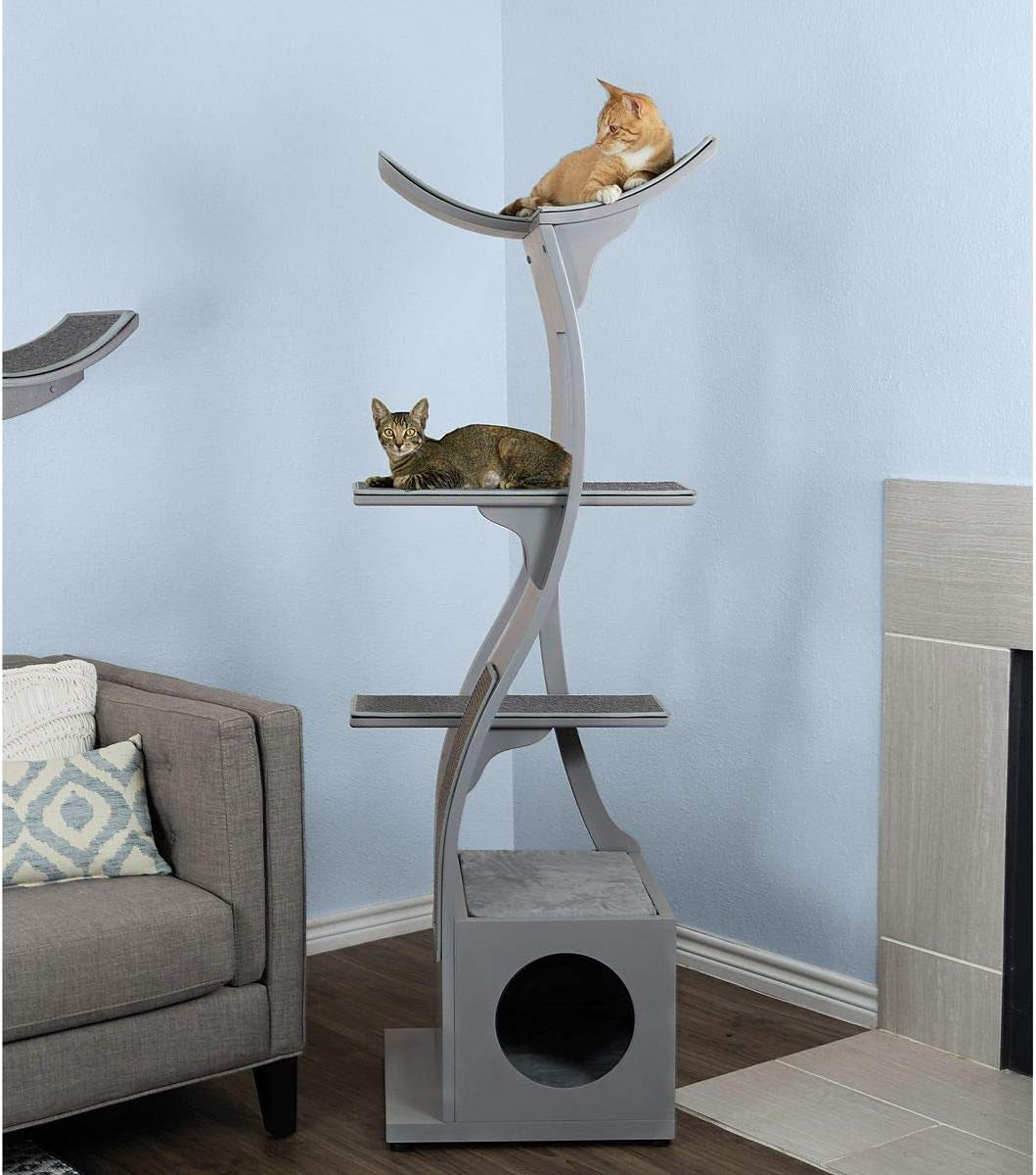 69 Inch Tall Smoke Gray Lotus Cat Tower, Multi-Level Modern Cat Tree for Indoor Cats with Scratching Post, Climbing Cat Condo with Cushioned Cubby