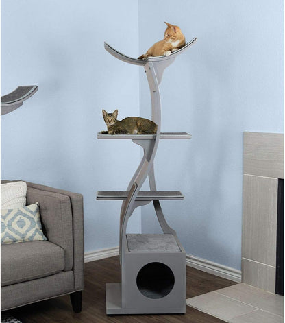 69 Inch Tall Smoke Gray Lotus Cat Tower, Multi-Level Modern Cat Tree for Indoor Cats with Scratching Post, Climbing Cat Condo with Cushioned Cubby