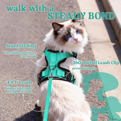 Cat Harness and Leash for Walking, Escape Proof Soft Adjustable Vest Harnesses for Cats, Easy Control Breathable Reflective Strips Jacket, Green