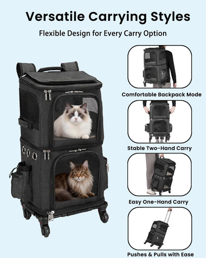 Double-Compartment Cat Carrier Backpack with Wheels for Two Pets