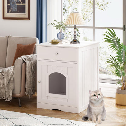 Litter Box Enclosure, Hidden Cat Litter Box Cabinet with Drawer, Wooden Pet Crate, Litter Box Furniture as Cat House, End Table, Fit Most of Litter Box (White)