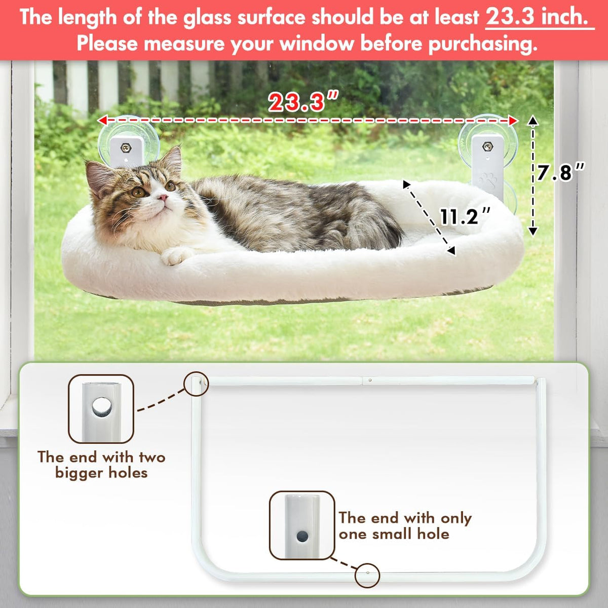 Cordless Cat Window Perch with Cushion Bed Metal Frame, L White