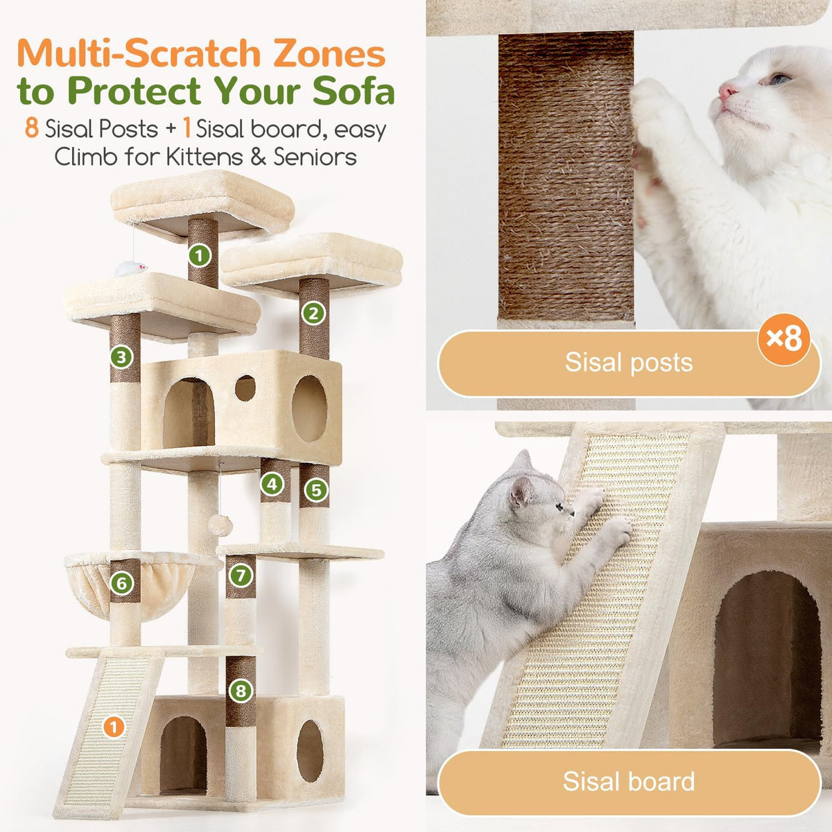 Heavy Duty Cat Tree, 73In Tall Cat Tower, F73C, Beige