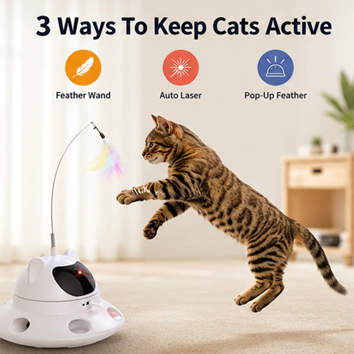 3-In-1 Auto Laser Cat Toy, USB Recharge Motion Activated Kitten Feather Chase Toy - Off-White