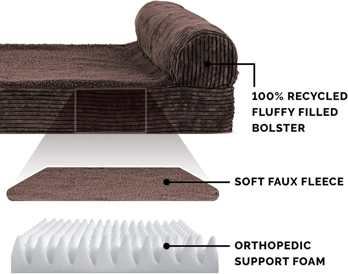 Faux Fleece & Corduroy Chaise Lounge Egg Crate Orthopedic Foam Dog Bed - Espresso, Medium
