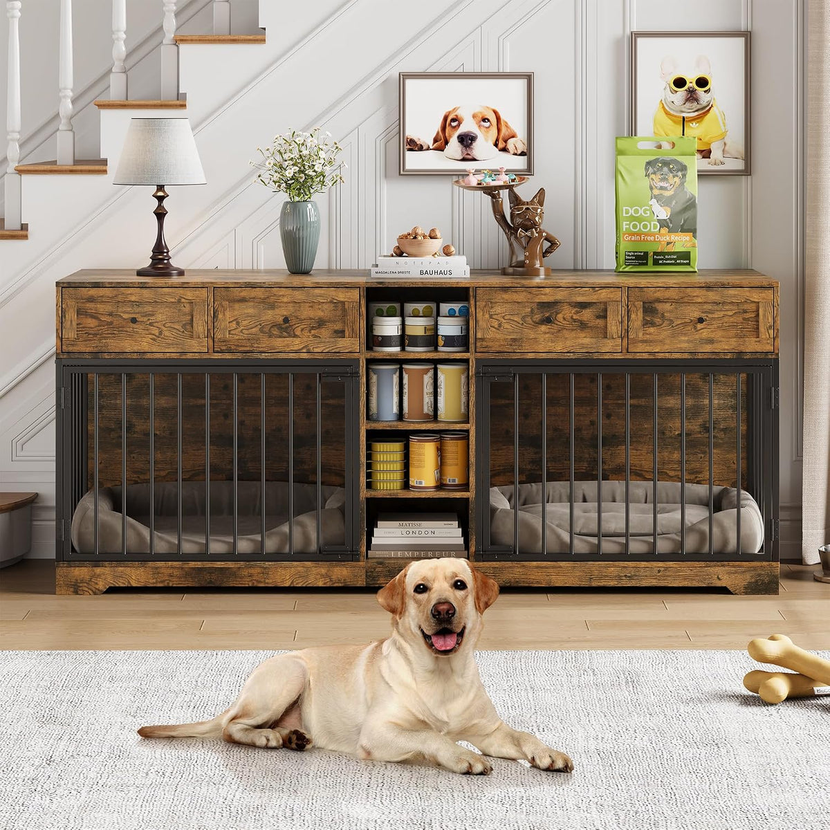 82" Large Double Dog Crate Furniture with Drawers and Shelves, Brown