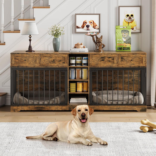 82" Large Double Dog Crate Furniture with Drawers and Shelves, Brown