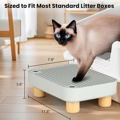Litter Box Step, Litter Box Ramp/Catcher with Wooden Base, Anti-Tracking & Easy to Clean, Ideal for Small & Elderly Cats 11.8"X7.9"X3.6" (Gray)