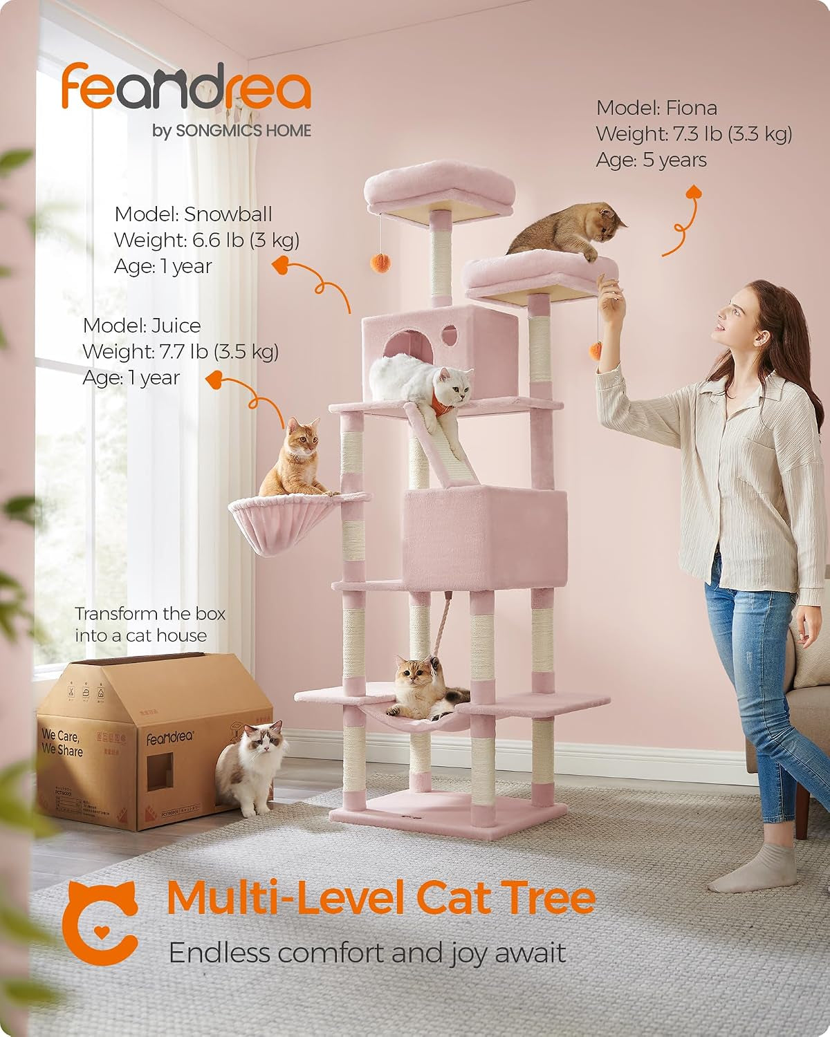 Cat Tree, 81.1-Inch Large Cat Tower, Multi-Level Condo, Jelly Pink