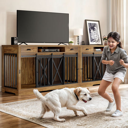 63-Inch Dog Crate Furniture,Tv Stand with Charging Station,Dog Kennel with Double Sliding Barn Door - Oak