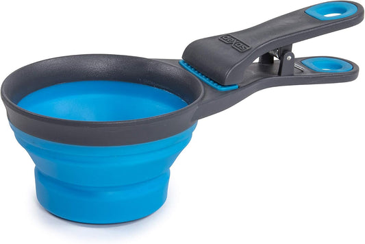 Popware for Pets Collapsible Klip Scoop, 3-In-1 Pet Food Scoop, Measuring Cup and Bag Clip, 1 Cup Capacity, Pro Blue