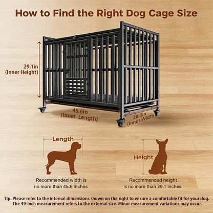 Heavy Duty Dog Crate, 49'' Large Indestructible Cage for High-Anxiety Dogs