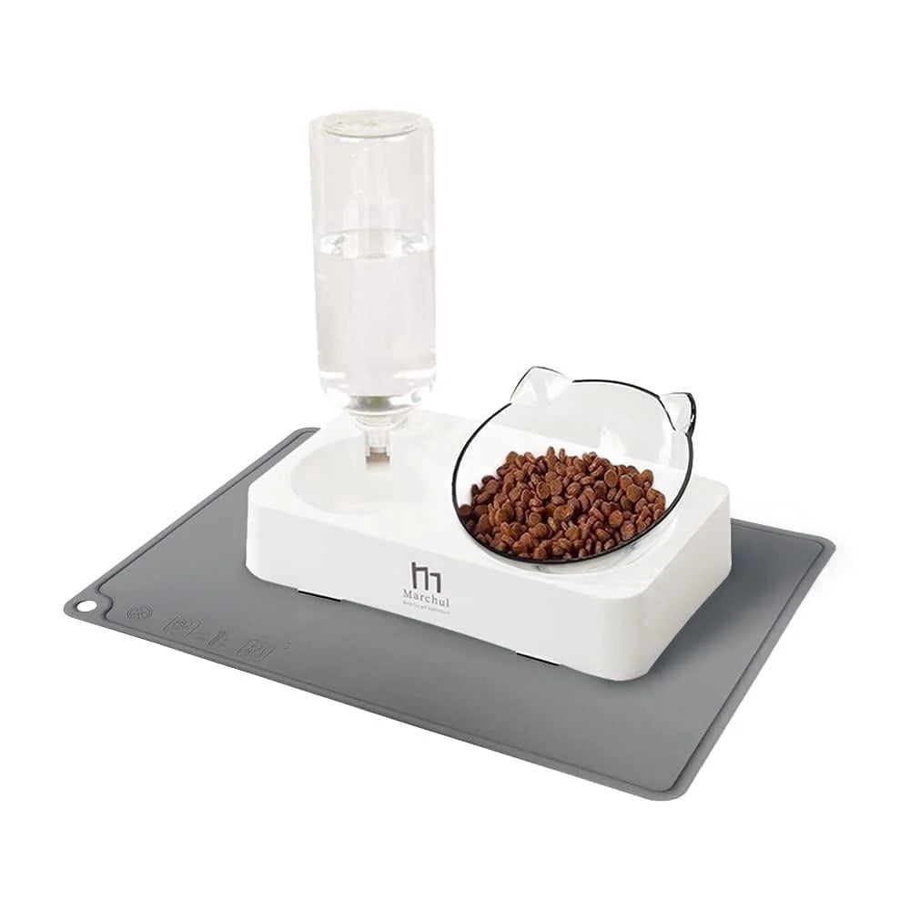 Tilted Raised Cat Food Bowl and Gravity Water Bottle, Elevated Cat Dish with Non-Slip Feeding Mat for Cats Kitten
