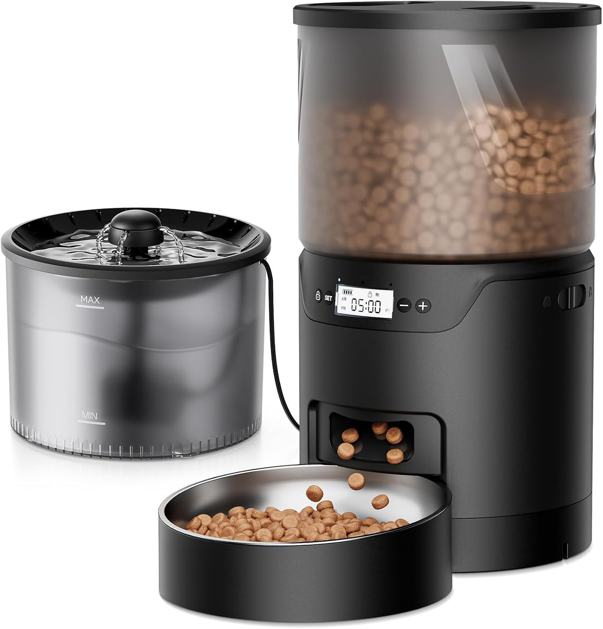 PET Automatic Cat Feeder and Water Fountain: 3L Timed Precise Cats Food Dispenser& Reliable Programming 1-6 Meals/Day- 3L Cat Water Dispenser with Filter- Auto Pet Feeder Easy to Clean