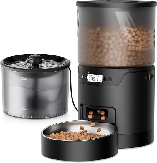 PET Automatic Cat Feeder and Water Fountain: 3L Timed Precise Cats Food Dispenser& Reliable Programming 1-6 Meals/Day- 3L Cat Water Dispenser with Filter- Auto Pet Feeder Easy to Clean