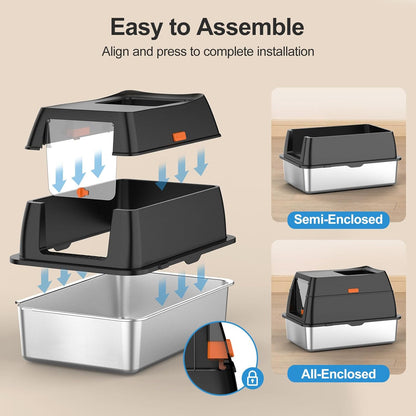 Extra Large Stainless Steel Litter Box with Lid, Easy-Clean Pan