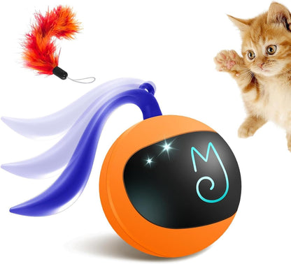 Interactive Cat Ball Toy Set, Fun Tracker, Automatic Rolling Chase Ball with Fluffy Tail, a Small Mice, Rechargeable (Orange)