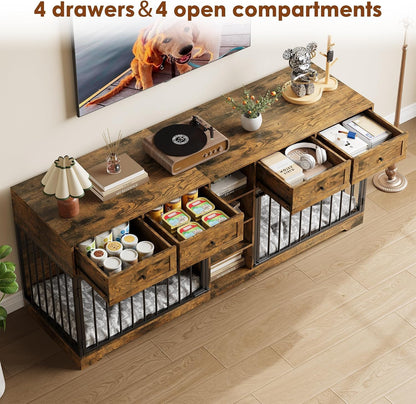 82" Large Double Dog Crate Furniture with Drawers and Shelves, Brown