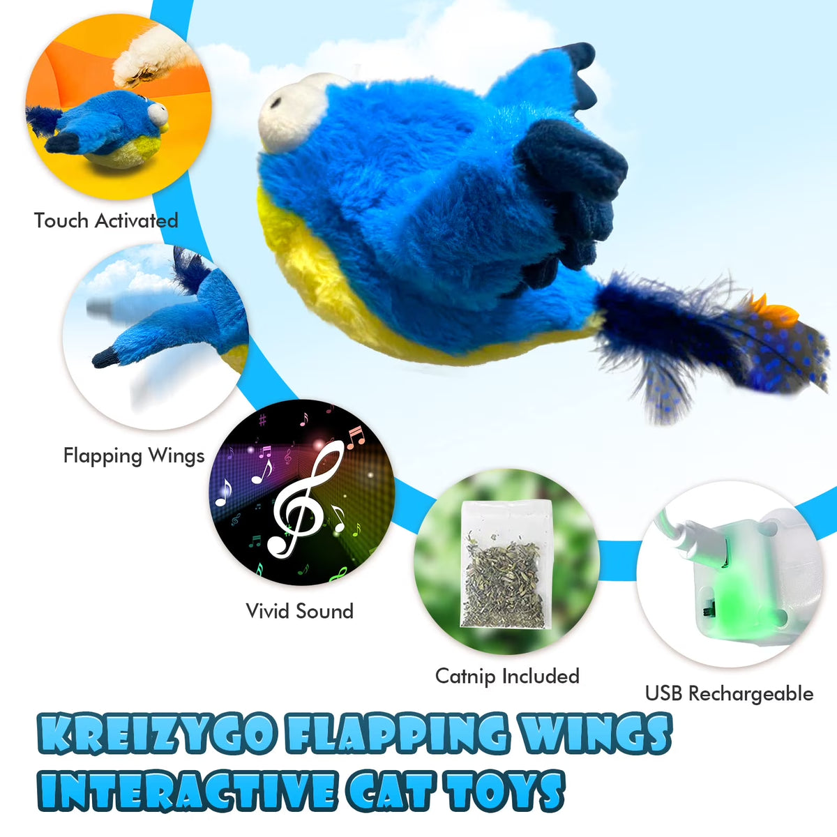 Cat Toys for Indoor Cats,Flapping Bird Rechargeable Touch Activated Toy Interactive Kitten Exercise Toy Cat Kicker Catnip Toys (No Flying)