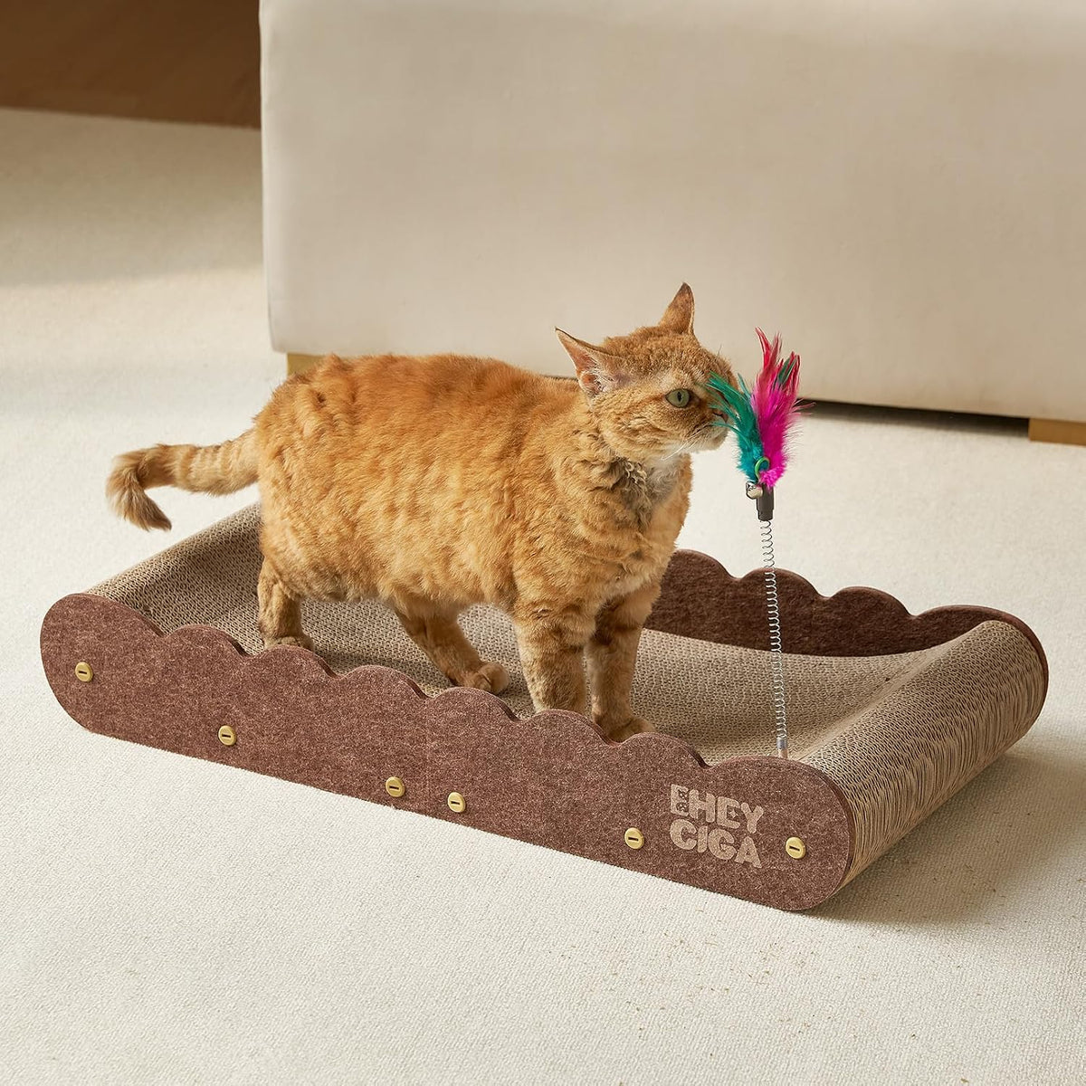 26" Large Cardboard Cat Scratcher Bed with 2 Cat Toys, Brown