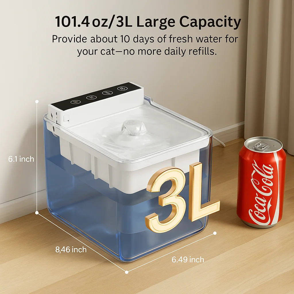 Water Fountain for Cat with Dustproof Cover, 101.4Oz/3L Automatic Cat Water Fountain for Drinking, Fba-Free ABS, Detachable Tank, Pet Dispenser with Replacement Filter, USB Plug-In Charge