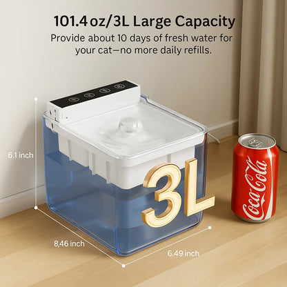 Water Fountain for Cat with Dustproof Cover, 101.4Oz/3L Automatic Cat Water Fountain for Drinking, Fba-Free ABS, Detachable Tank, Pet Dispenser with Replacement Filter, USB Plug-In Charge