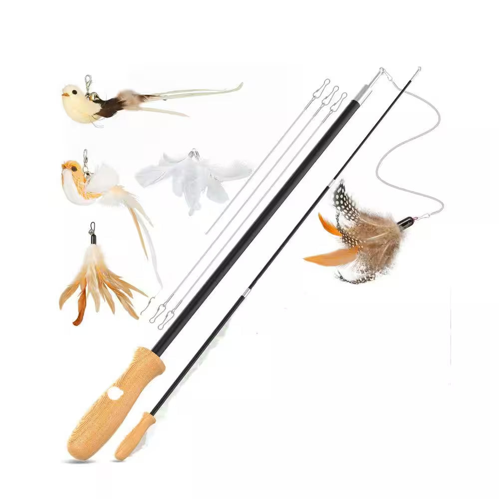 Interactive Cat Teaser Wand Toys 43In Sustainable Wooden Handles Bird and Feather Refills 5Pcs Exercises Andplays 2-Pack