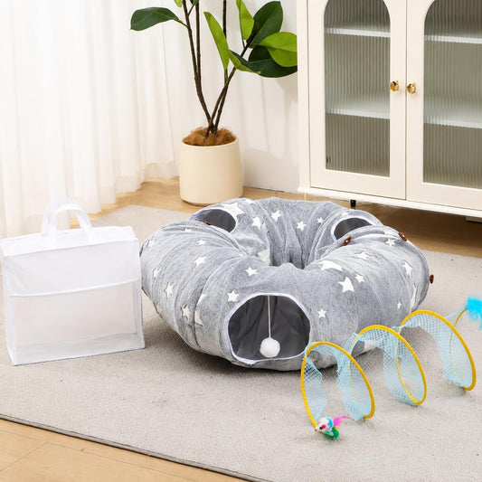 Cat Tunnel for Indoor Cats- Cat Tunnel Bed for Large Cats, Cat Play Tunnels with Washable Cushion, Donut Kitten Tunnel Bed & Cat Toys for Hideaway，Peekaboo Cats Cave and Pet Tubes, Grey