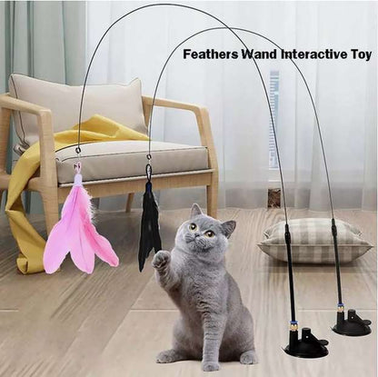 Bendable Teaser Wand Toy with Suction Cup Base Feather Bells Cat Interactive Pet