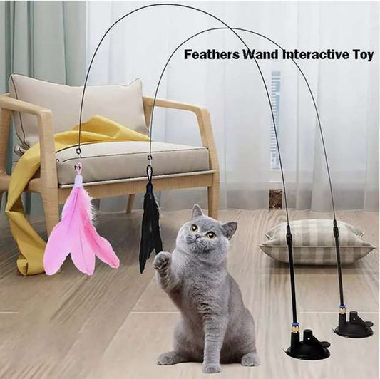 Bendable Teaser Wand Toy with Suction Cup Base Feather Bells Cat Interactive Pet