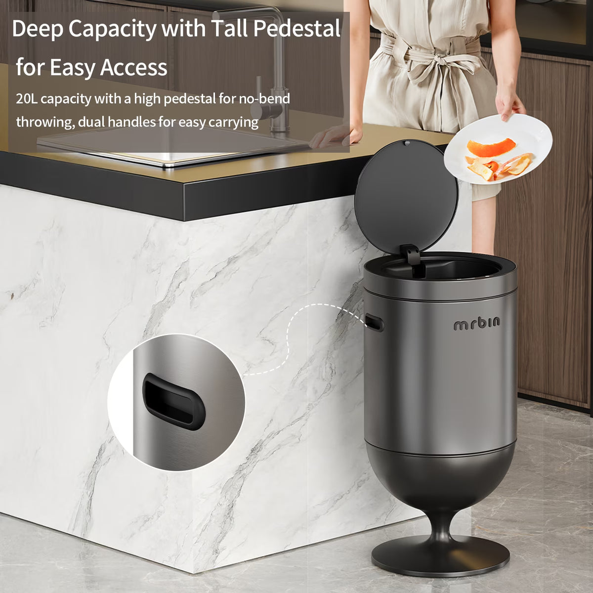 Stainless Steel Motion Sensor Trash Can with Lid, 5.3 Gallon Wine Glass Shaped Automatic Waste Basket Touchless, Smart round Tall Garbage with High Leg for Office, Bedroom, Kitchen, Eclipse Grey