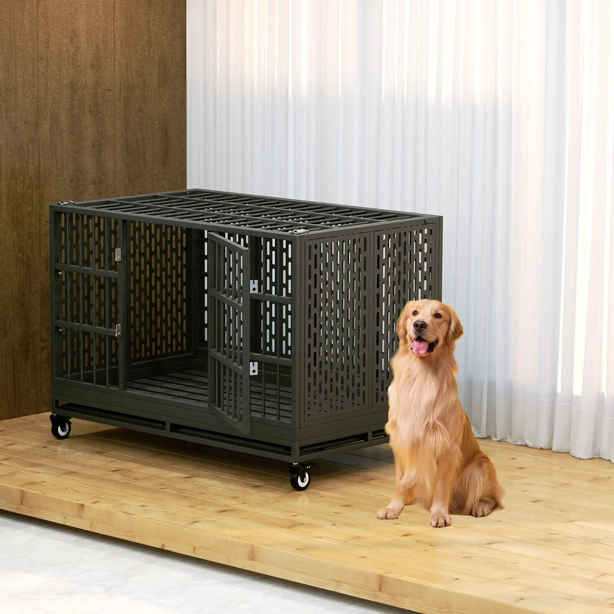 48 Inch Heavy Duty Dog Crate with Wheels for Indoor and Outdoor, Extra Large，Removable Tray