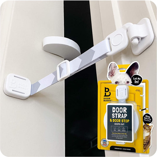 Cat Door Latch & Stopper. Adjustable Dog Proof Door Strap for Cats. Dog Proof Litter Box & Cat Feeder. Simpler Pet Gate Alternative. No Cut Cat Door Interior Door.