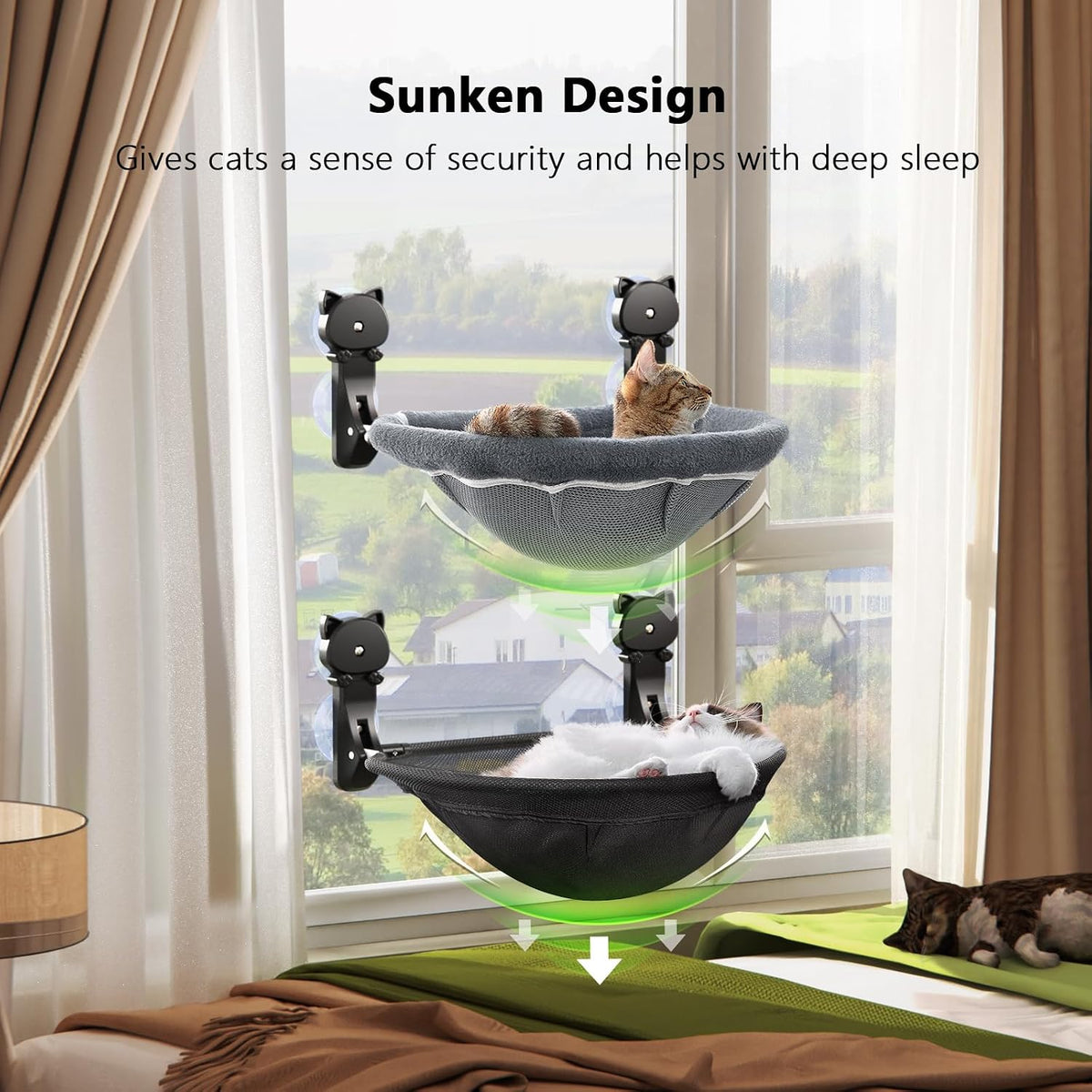 2 Pack Cat Window Perch Cordless, Kitty Hammock with Sunken Design Foldable & Stable Cat Beds- Breathable Window Hammock for Overlooking, Sunbathing and Climbing - Maximum Hold up to 40Lb