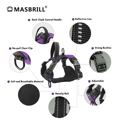 Reflective Dog Harness No Pull Dog Vest Harness with Handle, Breathable Padded Dog Chest Harness Adjustable for Large Dog-Purple XL