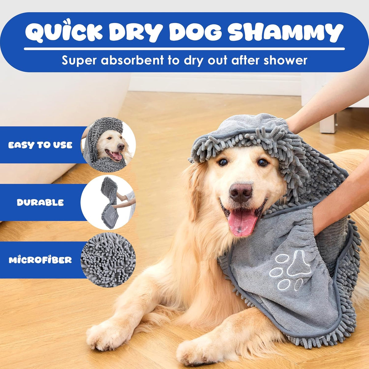 Dog Towel for Drying Dogs Large, Super Absorbent Microfiber Dog Bath Towel with Hand Pockets, Quick Dry Pet Towel for Small & Large Dogs (Grey)
