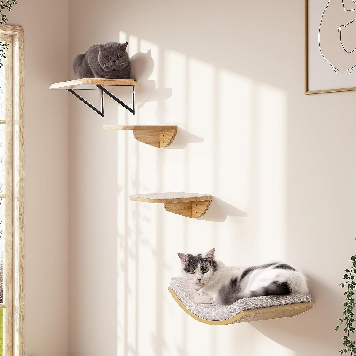 Cat Wall Shelves, Cat Window Perches with Curved Bed & 2 Sisal Mat Steps