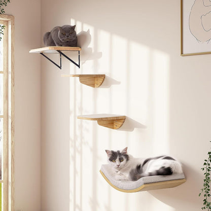 Cat Wall Shelves, Cat Window Perches with Curved Bed & 2 Sisal Mat Steps