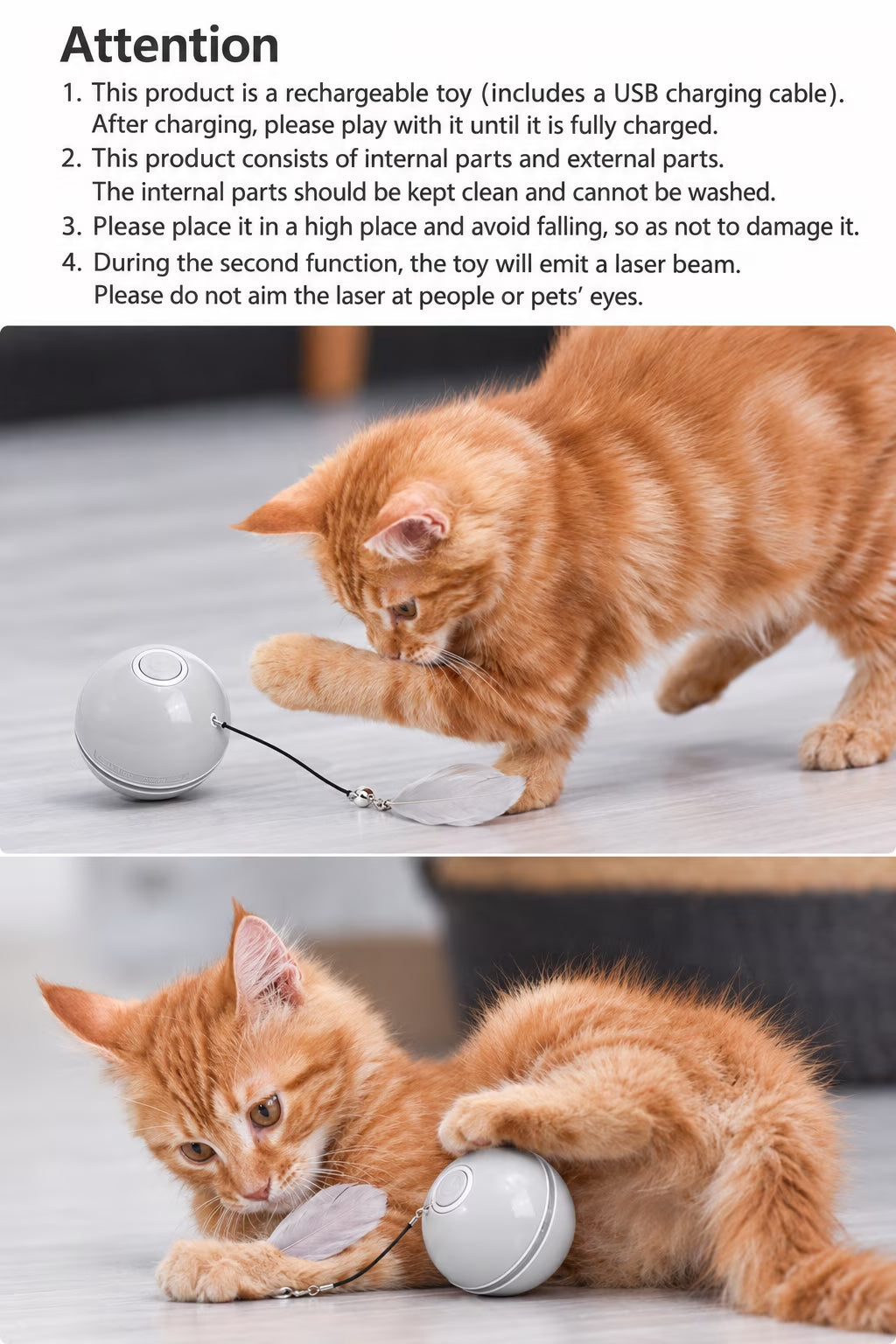 Interactive Cat Toy Ball, Automatic Rolling with LED Lights, Detachable Feather, Catnip, 360° Motion, for Indoor Pets, Grey