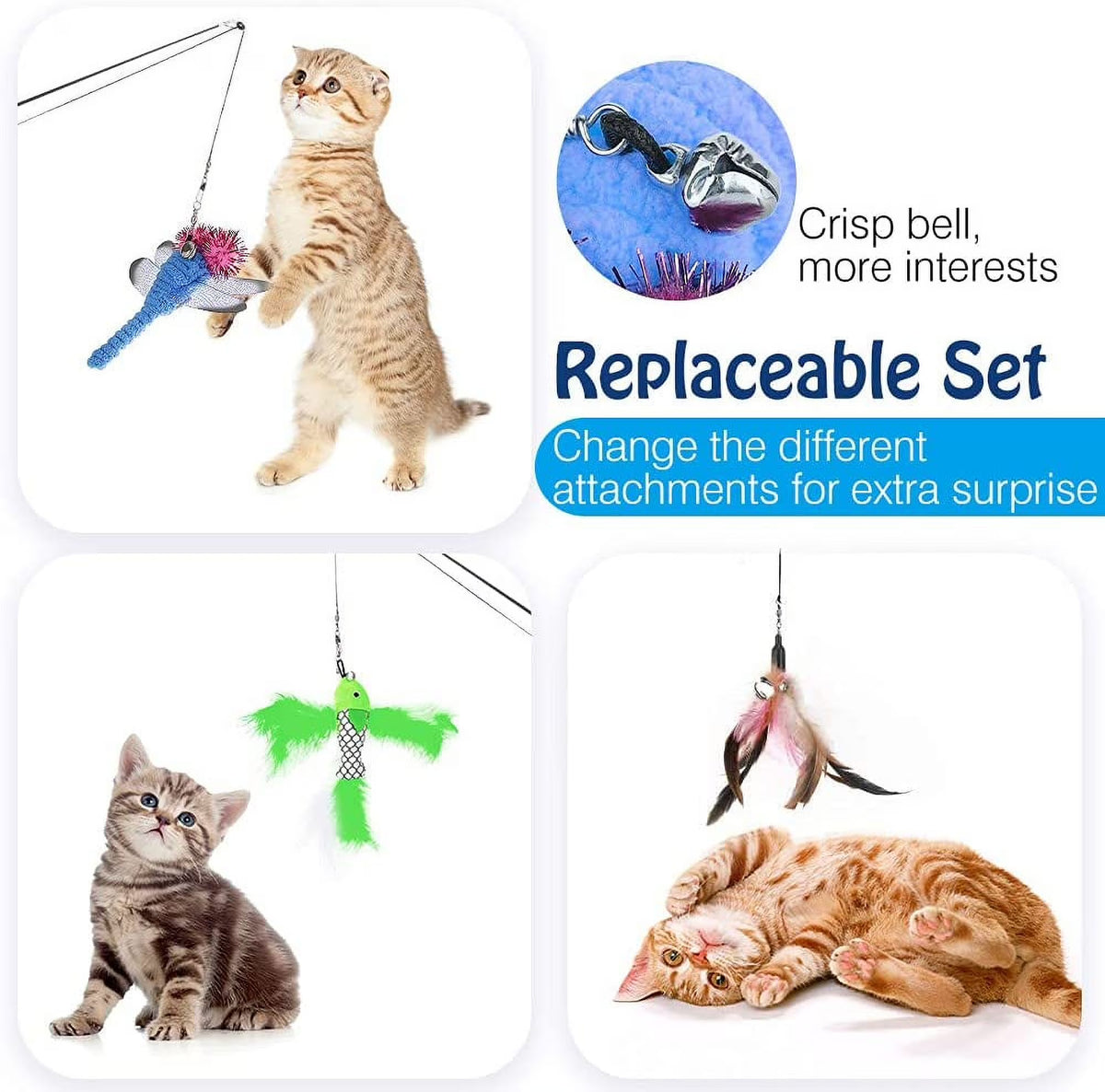 Cat Wand Toy, 4 Pack Feather Cat Toy,Dragonfly with Bells, Fun for Cat Kitty Toy,Green