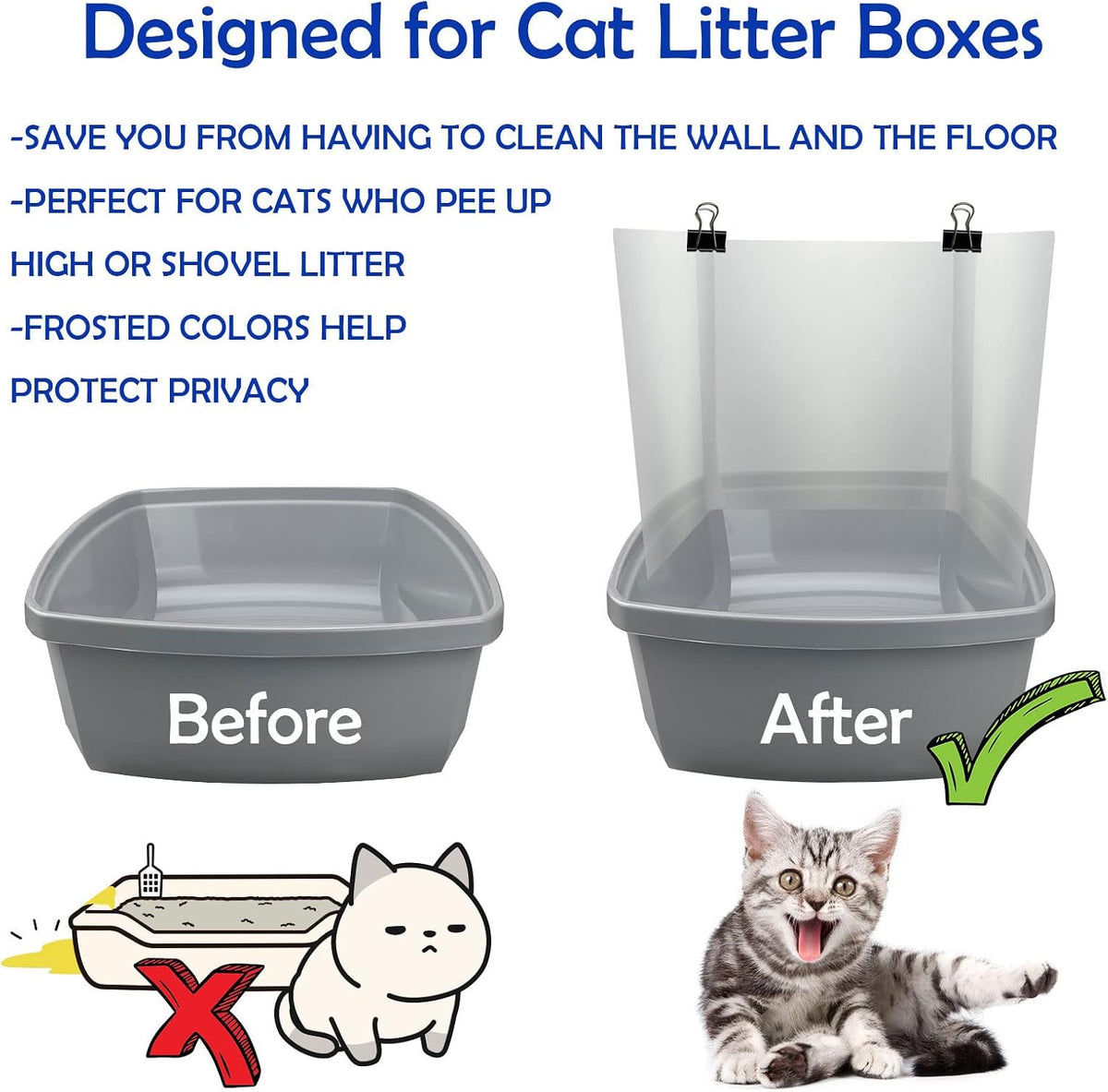 3 Pcs Cat Litter Box Pee Shields, Splash Guard for Open Top Litter Pan