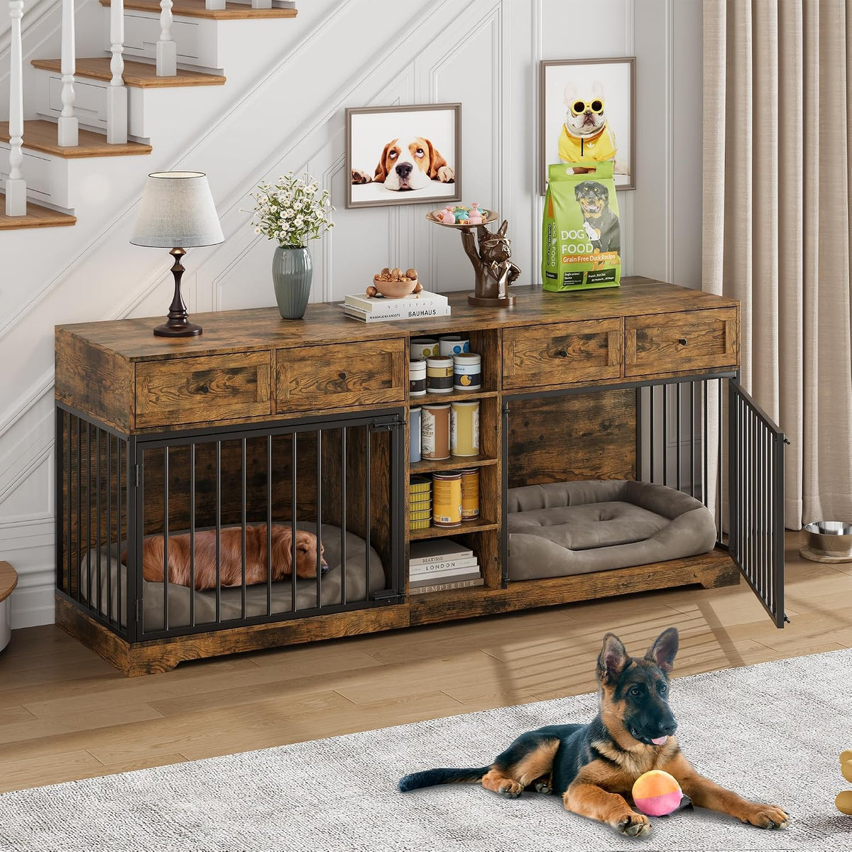82" Large Double Dog Crate Furniture with Drawers and Shelves, Brown