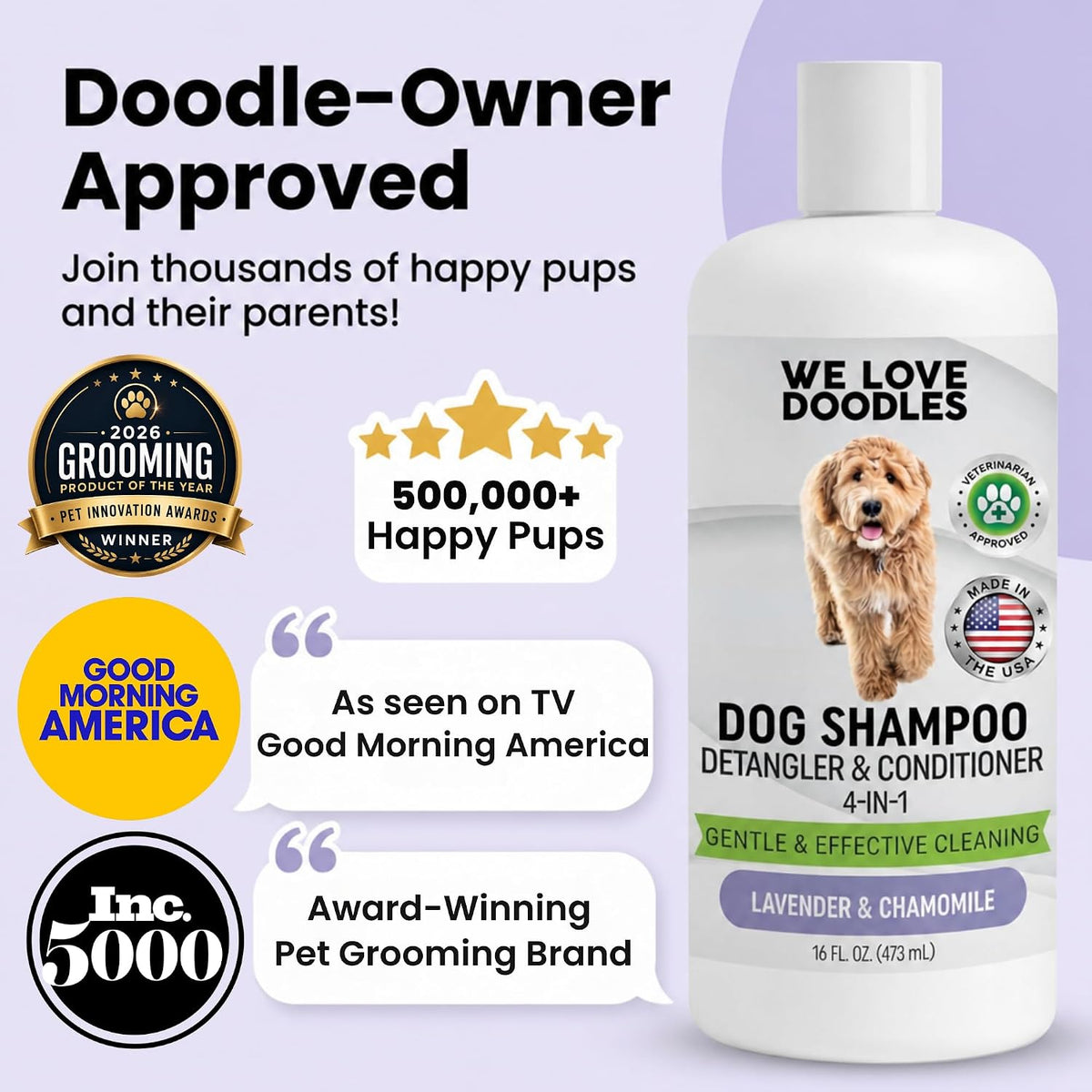 Dog Shampoo, Conditioner & Detangler, Hypoallergenic Tearless Lavender 16OZ