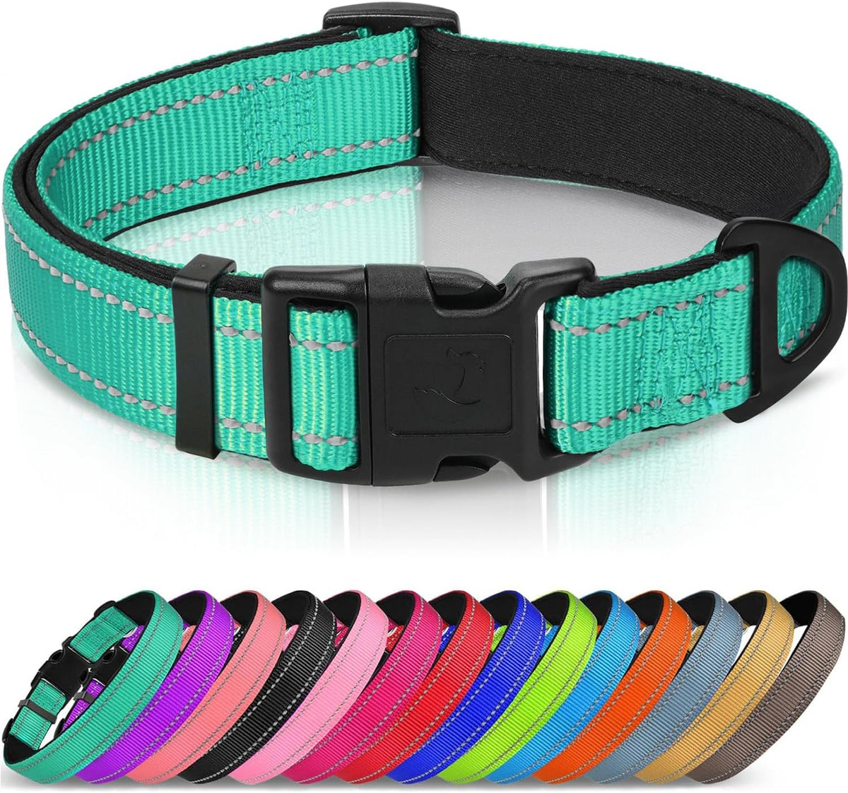 Reflective Dog Collar, Adjustable Neoprene Padded, Teal M