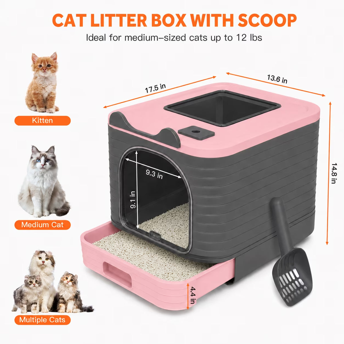 Enclosed Cat Litter Box with Lid, Easy to Clean with Includes Scoop & 4 Charcoal Deodorizer Bags,Pink