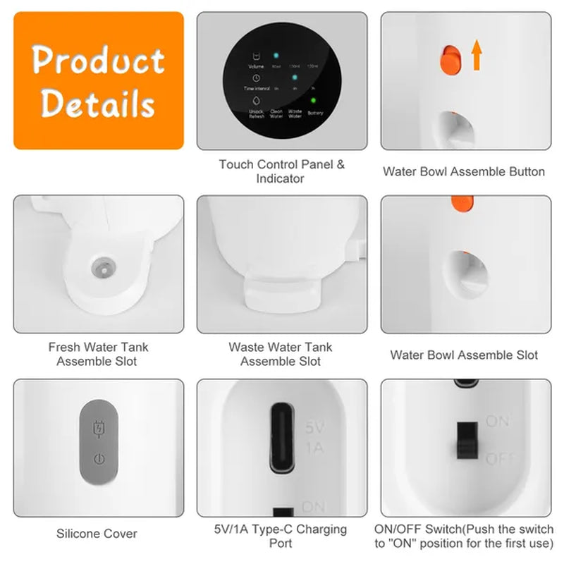 Smart Pet Water Fountain Automatic Cat Water Dispenser 3L&101OZ Cordless Rechargeable Dog Water Fountain Self-Refill with 3 Adjustable Volume 3 Time Intervals Touch Control