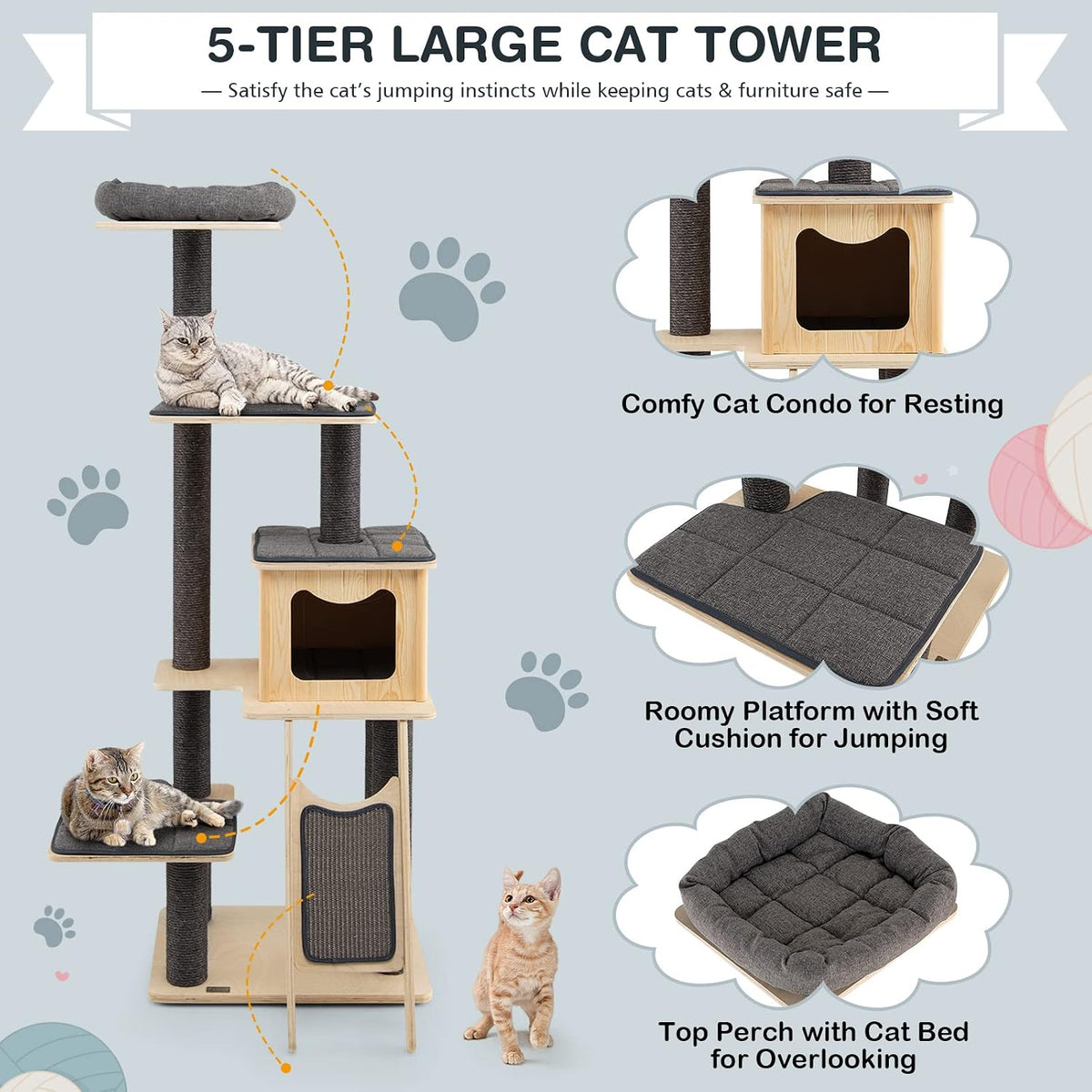 69-Inch Tall Wooden Cat Tree Tower, Modern Cat Activity Center Tree with Sisal Scratching Posts & Board, Condo & Top Perch for Indoor Cats, Grey
